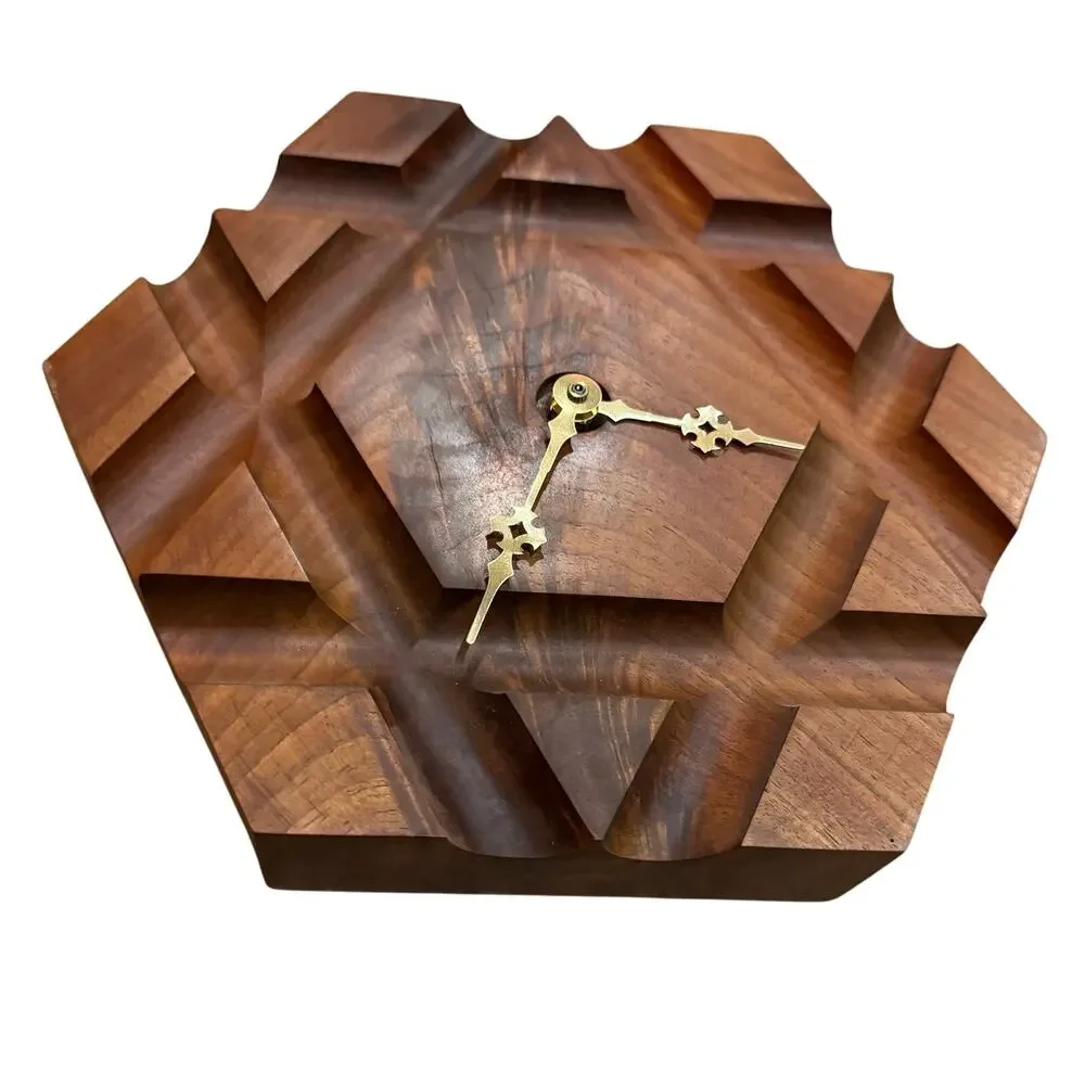 Vintage Handmade Black Walnut Carved Wall Clock Star of David? Hexagon HEAVY